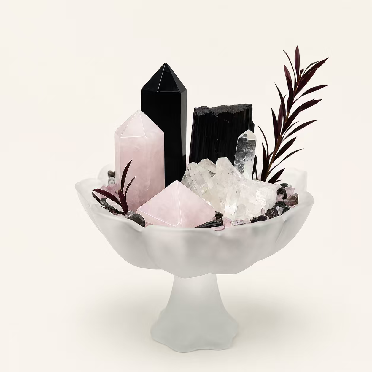 Rose Midnight Crystal Garden | Rose Quartz, Clear Quartz, Black Tourmaline & Obsidian Décor