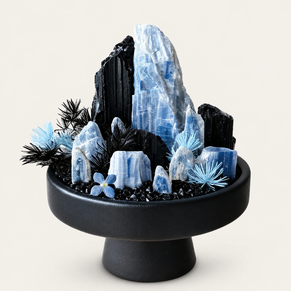 Stellar Sanctum – Handmade Lapis Lazuli & Black Obsidian Crystal Terrarium in Black Footed Pedestal Bowl | Wisdom, Truth & Protection Crystal Garden | Altar Decor & Spiritual Gift