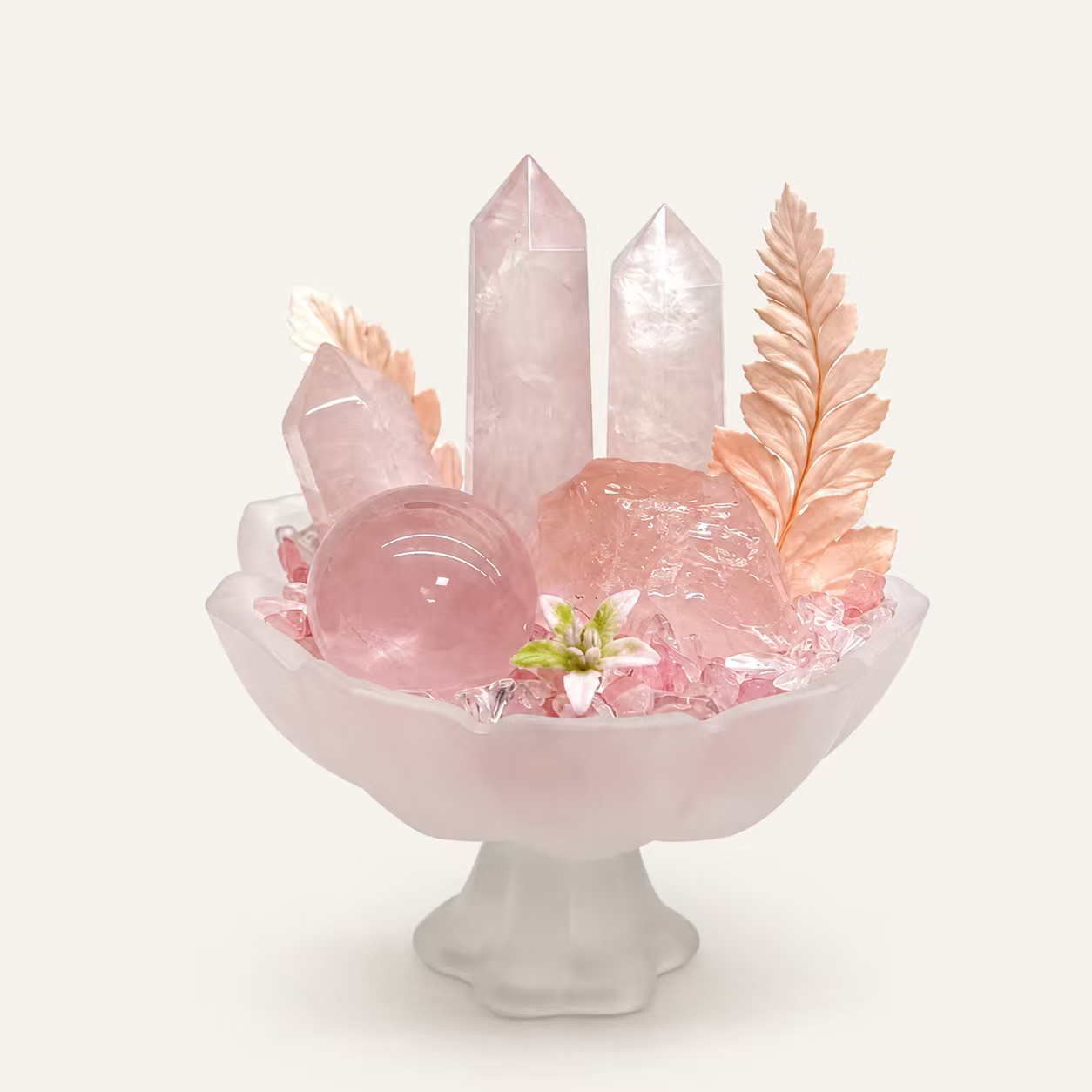 Blush Morning Crystal Garden | Strawberry Quartz & Clear Quartz Pedestal Bowl Décor