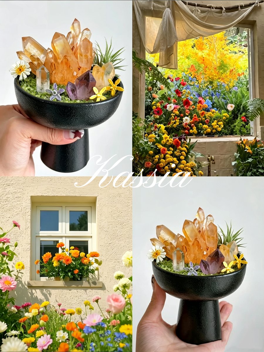 Solar Sanctum — Citrine, Amethyst & Clear Quartz Crystal Terrarium on Pedestal Altar Bowl