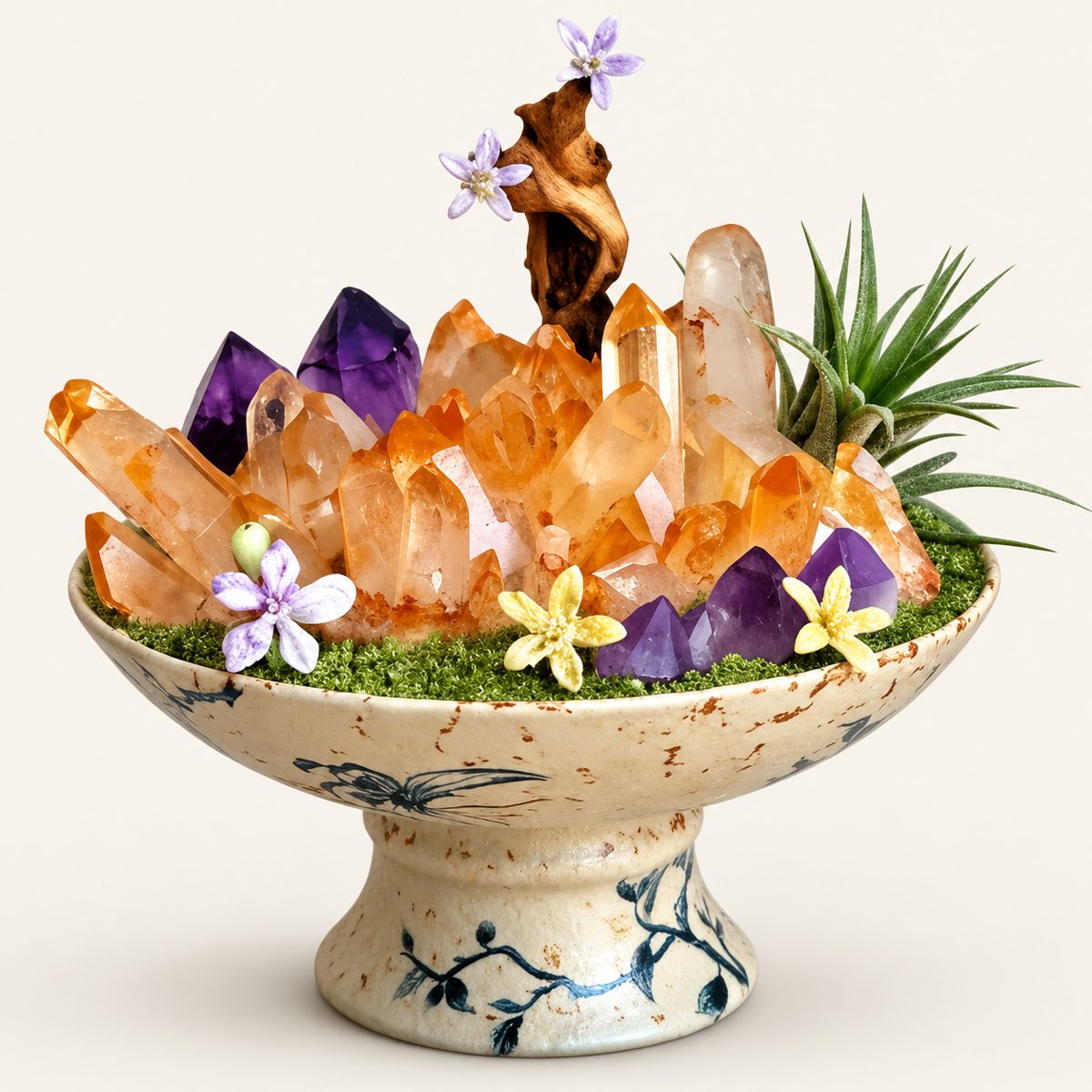 Solstice Sanctum — Citrine & Amethyst Crystal Altar with Driftwood & Air Plant | Handmade Sun-and-Moon Gemstone Sanctuary in Hand-Painted Porcelain Pedestal