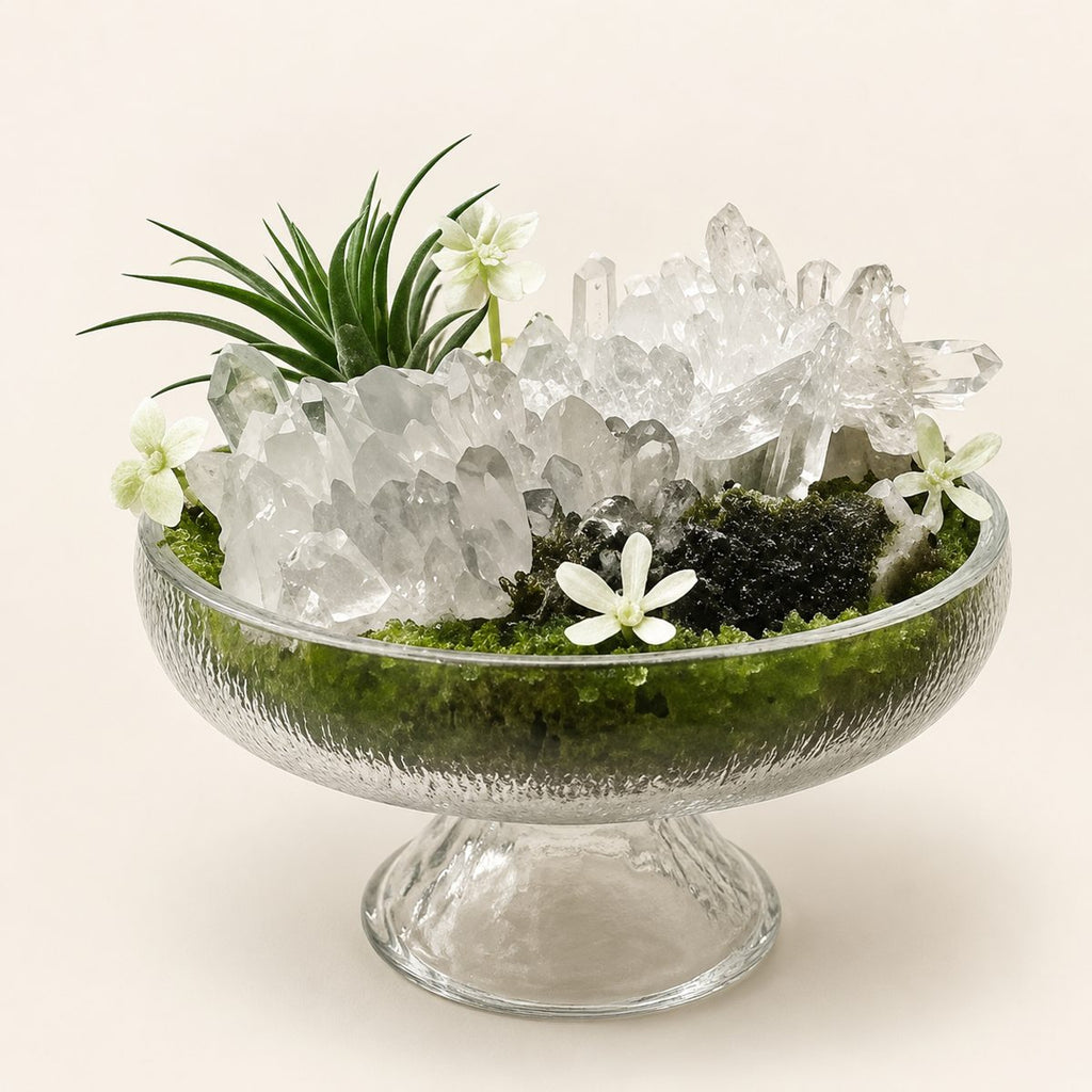 Aurora Sanctum – Clear Quartz & Epidote Crystal Garden in Glass Pedestal Bowl
