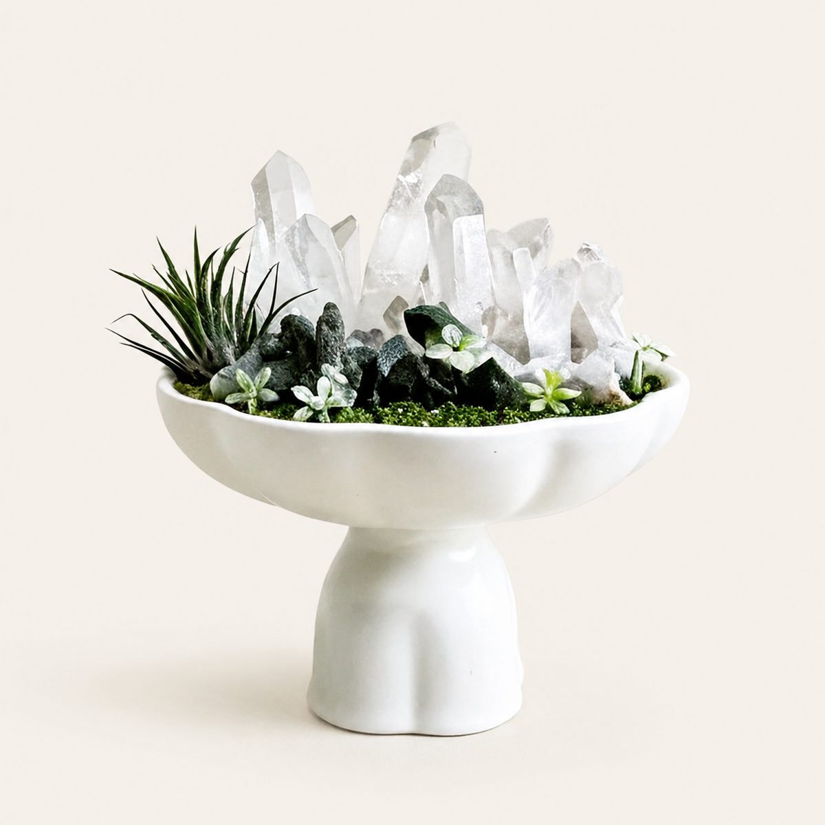Lunar Sanctum – Clear Quartz Crystal Mountain in White Fluted Pedestal Bowl | Air Plant & Succulent Garden