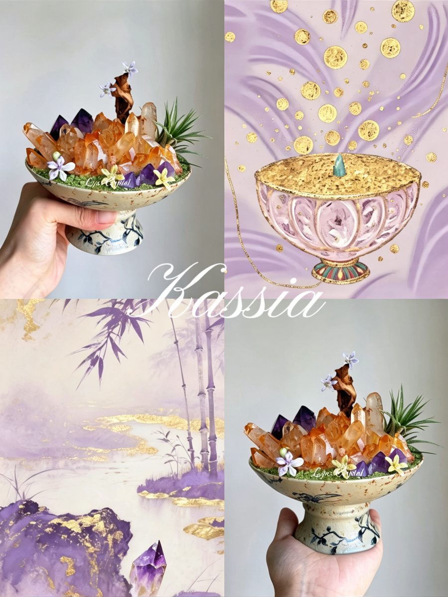 Solstice Sanctum — Citrine & Amethyst Crystal Altar with Driftwood & Air Plant | Handmade Sun-and-Moon Gemstone Sanctuary in Hand-Painted Porcelain Pedestal